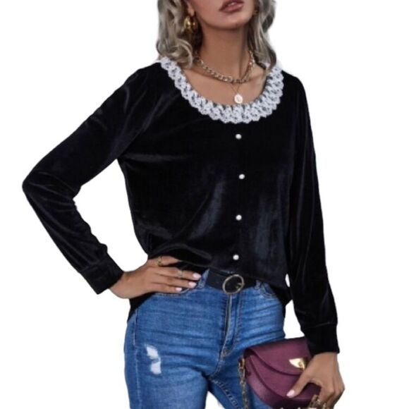 Shein Romantic Gothic Lace Trim and Pearls Velvet Long Sleeve Top Black Sz M (6) - Picture 5 of 14